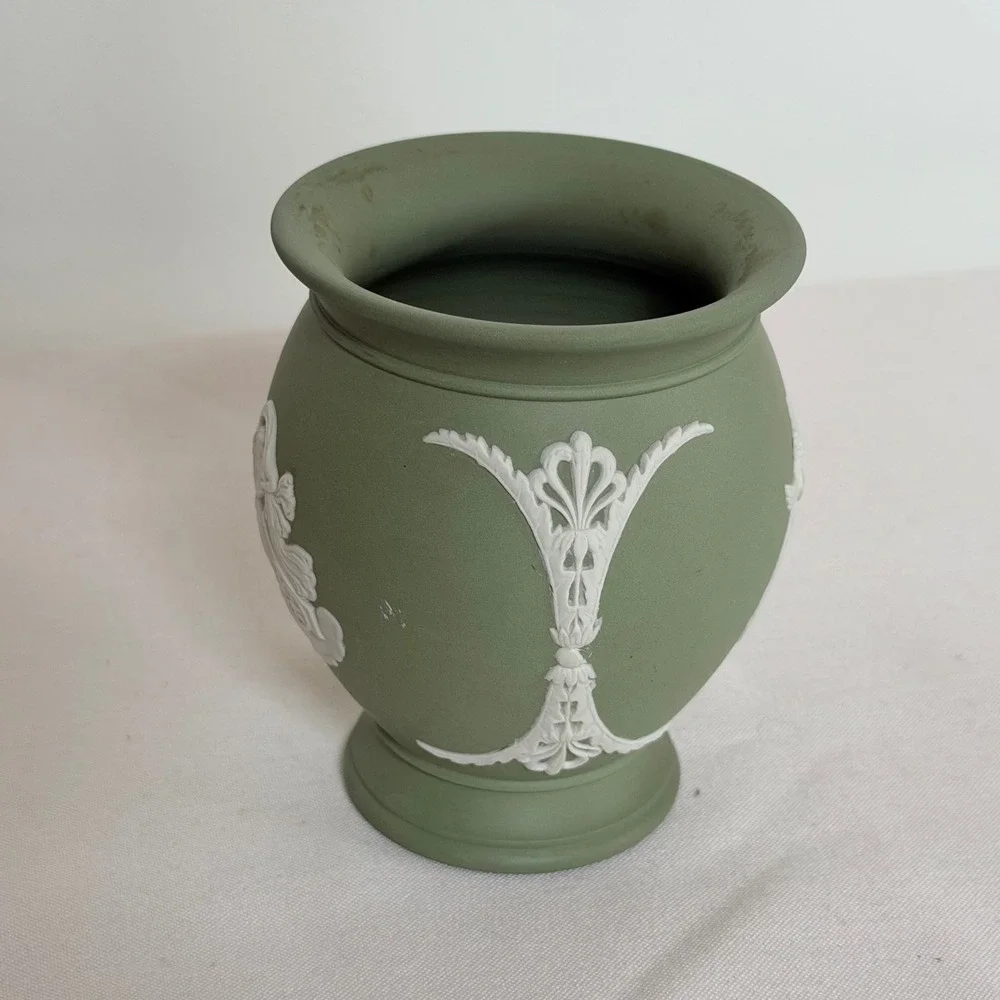 Wedgwood Jasperware Sage Green Small Round Vase Neoclassical Scenes Made in UK